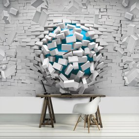 Fotótapéta - 3D kék golyó és fehér téglafal (152,5x104 cm)