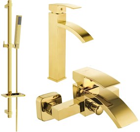 Mexen Libra DQ77 magas mosdó- és kádcsaptelep zuhanykészlettel, arany, 745113DQ77-50