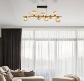 Globo 56135-9D Mennyezeti lámpa fém fekete matt, fém sárgaréz matt, üveg borostyán, HxSzxM.: 870x300x380mm, üveg méret 5X ø: 10 cm, 4X ø: 12 cm, 9x G9 LED 3.5W 230V, 80lm/fej 3000K, 10676 LED izzóval