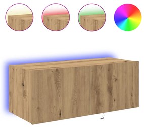 LED világítással ellátott TV fali szekrény, kézműves tölgy, 80x35x31 cm