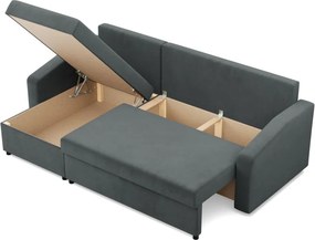 Zeus sarokkanapé, 2 ágyneműtartóval, döntött kartámasz, bársony, univerzális oldal, hab töltet, szürke