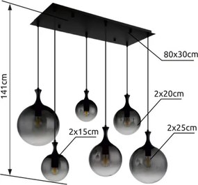 Globo 15885-6H Függeszték fém fekete matt, füstszínű üveg búra, fekete PVC kábel, magassága lerövidíthető, HxSzxM: 970x480x1410mm, a búrák méretei: 2 x 15 cm, 20 cm, 25 cm, 6x E27 LED 10W 230V izzók nélkül