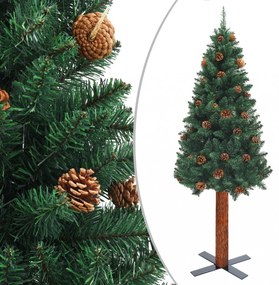 zöld PVC vékony karácsonyfa valódi fával és tobozzal 150 cm