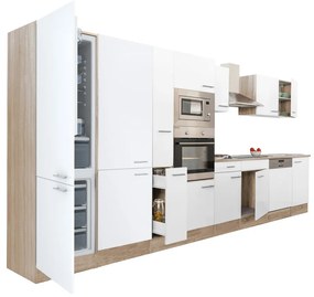 Yorki 430 konyhablokk sonoma tölgy korpusz,selyemfényű fehér fronttal alulfagyasztós hűtős szekrénnyel