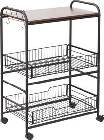 HOMCOM 3 Szintes Konyhai Kocsi, Szolgáltató Kocsi, Görgős Tároló Kocsi 2 Kihúzható Kosárral, Polccal és Oldalsó Kampókkal, 60 x 38 x 85.5 cm, dió | Ao