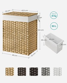 Kézzel fonott rattan szennyeskosár, összecsukható, kivehető zsákkal 90L, sárga