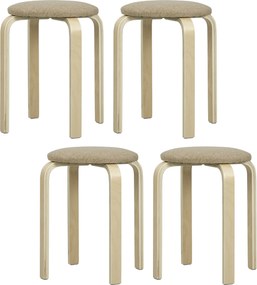 HOMCOM 4 db összerakható kerek fa bárszék alacsony konyhai székek párnázott ülőfelülettel étkezőbe, hálószobába, irodába, nappaliba - Khaki és termész