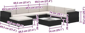 8-részes fekete polyrattan kerti bútorszett párnákkal