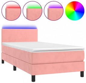 rózsaszín bársony rugós és LED-es ágy matraccal 90x190 cm