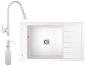 Gránit mosogató NERO Grande + kihúzható zuhanyfejes Snake csaptelep + adagoló (fehér)