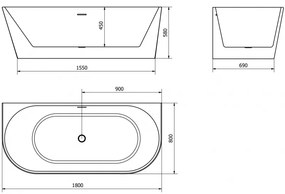 Mexen Oval, szabadon álló fali kád 180 x 80 cm, fehér-fekete, fekete matt túlfolyó, 52671808075-70
