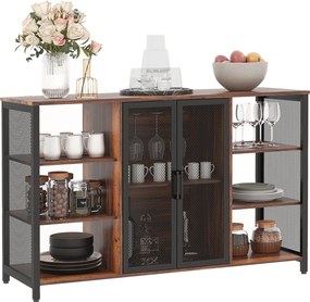 HOMCOM Ipari Konyhai Oldalszekrény Buffet Szekrény 6 Nyitott Polccal, Pohártartóval és Állítható Polccal Étkezőhöz Bárhoz 120x40x76 cm Rusztikus Barna