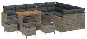13 Darabos Kert Sofa Szett Párnákkal Szürke Poli Rattan Akác