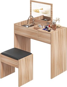 HOMCOM Sminkasztal Székkel – Sminkasztal Forgatható Tükörrel és Tárolódobozokkal 80x40x79 cm és 40x30x40 cm Természetes | Aosom