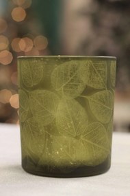 Olivazöld üveg gyertyatartó Levél 15cm