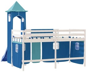 kék tömör fenyőfa gyerek galériaágy toronnyal 80 x 200 cm