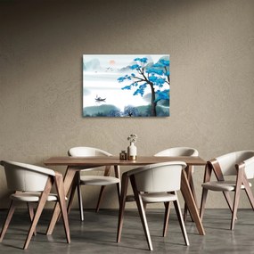 Kép - festett tó csónakkal (üvegen) (70x50 cm)