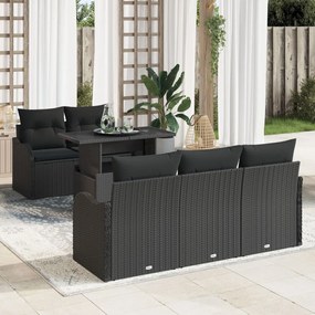 6 darabos Kertkanapé Készlet Párnákkal Fekete Poli Rattan, 2-személyes Kertkanapé Tárolóval és Párnákkal Fekete Poli Rattan