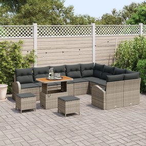 12 Darabos Kerti Kanapészett Párnákkal Szürke Poli Rattan Akáciával, 3 Darabos Kerti Étkező Szett Párnákkal Szürke Poli Rattan Akáciával, Kétfős Kerti Kanapé Párnákkal Szürke Poli Rattan