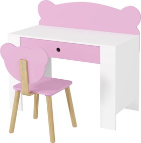 AIYAPLAY Gyermekíróasztal Szett Székkel, Tanulóasztal Fiókkal, Medveformájú Támla, 3-8 Év, Rózsaszín | Aosom