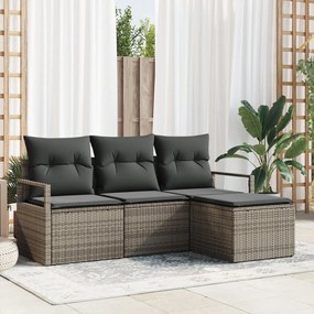4 Részes Kert Kanapé Szett párnákkal Szürke Poli Rattan, 2-Fős Kert Kanapé párnákkal Szürke Poli Rattan