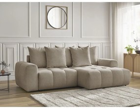 Bézs zsenília kinyitható-tárolóhelyes sarokkanapé (jobb oldali-heverő résszel) Roxelane – Bobochic Paris