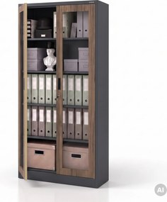 Fém szekrény vitrinnel, antracit, dió, 900x1850x400 mm: AMELIA Eco Design
