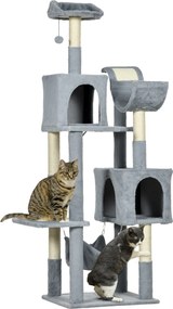 PawHut Macska Fa Játék Labdával, Hálóval, Ággyal, 2 Kalyibával és Pihenőhelyekkel, Részecske Lemezből, Plüssből és Szizálból, 55x49x177 cm, Szürke és