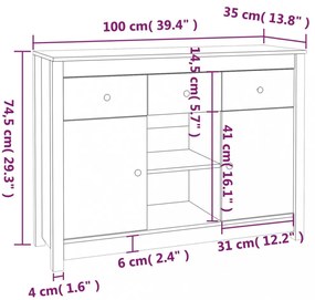 fekete tömör fenyőfa tálalószekrény 100x35x74,5 cm