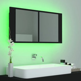 fekete akril LED-es fürdőszobaszekrény tükörrel 90x12x45 cm