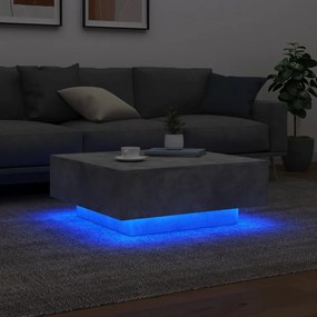 betonszürke dohányzóasztal LED-lámpákkal 80 x 8 0x 31 cm