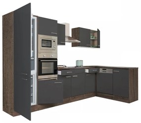 Yorki 340 sarok konyhabútor yorki tölgy korpusz,selyemfényű antracit fronttal alulagyasztós hűtős szekrénnyel