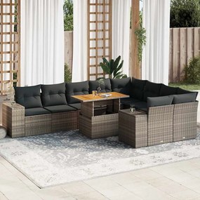 10 részes szürke polyrattan akácfa kerti ülőgarnitúra párnákkal