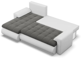 Tokio sarokkanapé, 2 ágyneműtartóval, bársony + műbőr, baloldali, szürke - fehér