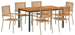 7 darabos kerti étkező szett Bézs poli rattan akácia, Egymásra rakható kerti szék párnákkal - 2 darabos készlet Bézs poli rattanban, Kerti asztal 150x90x75 cm Szilárd akácia fa és fém