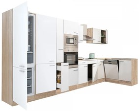 Yorki 430 sarok konyhabútor sonoma tölgy korpusz,selyemfényű fehér fronttal alulagyasztós hűtős szekrénnyel