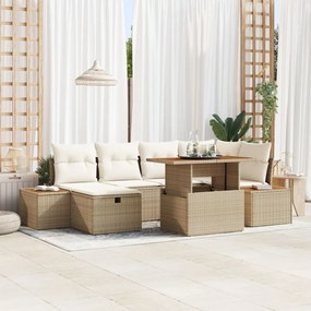 7 Darabos Kert Sofa Szett Párnákkal Bézs Poli Rattan