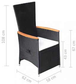 2 db fekete dönthető háttámlás polyrattan kerti szék párnával