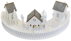 Fából készült LED-es dekoráció: Falucskatemplommal, 40 x 14 x 20 cm, félkör alakú