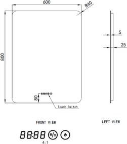 Tükör LED világítással 60x80cm | Páramentesítő funkció | Beépített óra | Fényerő és színhőmérséklet szabályozás | Welland Type-1VS