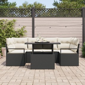 7 Részes Kerti Kanapé Szett Párnákkal Fekete Poly Rattan, 2-üléses Kerti Kanapé Párnákkal Fekete Poly Rattan
