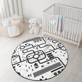 Fekete-fehér mosható gyerek játszószőnyeg ø150 cm In My Town – Mila Home