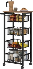 HOMCOM Konyhai Kocsi Munkalappal, 4 Ki Pull-Out Acél Kosárral, Görgős Kocsi Irodához, 49,5 x 31 x 91 cm, Tölgy | Aosom
