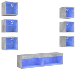 8 darab betonszürke szerelt fa fali TV-bútor LED-del