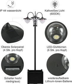 Solar Lantern állólámpa fémből, kerti lámpa, 189 cm magas, kültéri széllámpa, vízálló IP44 virágcserép talppal fekete