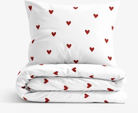 Goldea pamut ágyneműhuzat - piros szívecskék, fehér alapon 140 x 200 és 70 x 90 cm