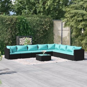 9 részes fekete polyrattan kerti ülőgarnitúra párnákkal
