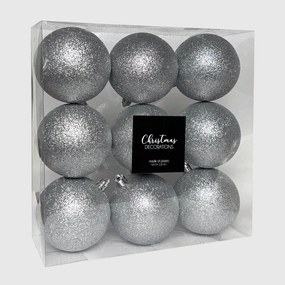 Ezüst glitteres műanyag karácsonyi gömb szett 9x8cm