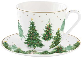 Karácsonyi porcelán nagy teás csésze díszdobozban fenyőfa dísszel
