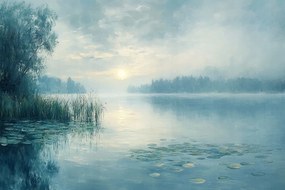 Vászonkép Canvas Tájkép Tó Fák Napfelkelte Köd 120x80